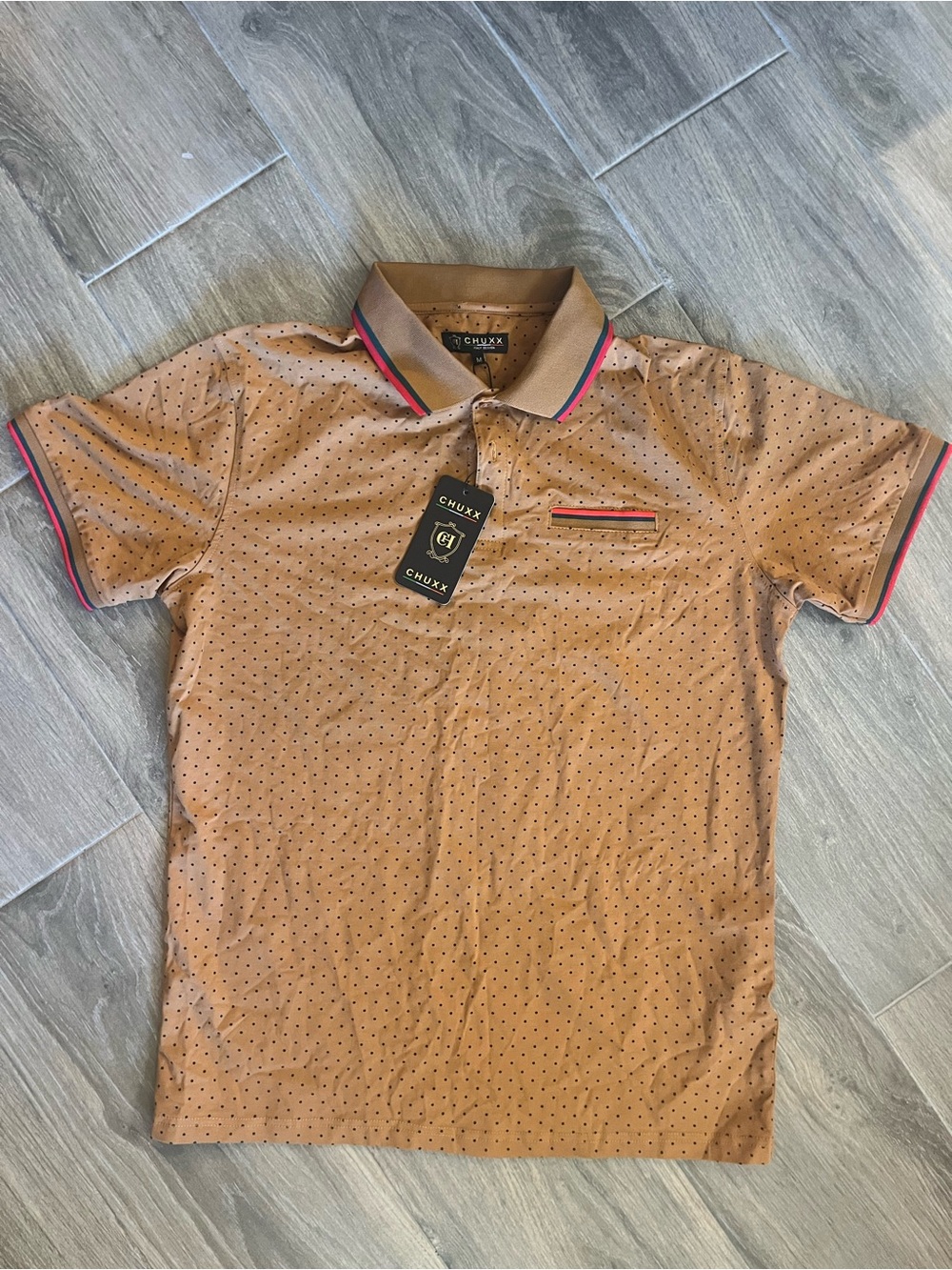 CHUX Men’s Tan Polka-Dot Polo with Contrast Trim